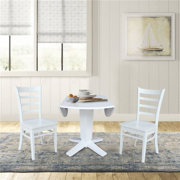 International Concepts 3-Pc 42-in Solid Wood Round Drop Leaf Pedestal Dining Table Set w/ 2 Dining Chairs - White