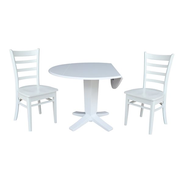 International Concepts 3-Pc 42-in Solid Wood Round Drop Leaf Pedestal Dining Table Set w/ 2 Dining Chairs - White