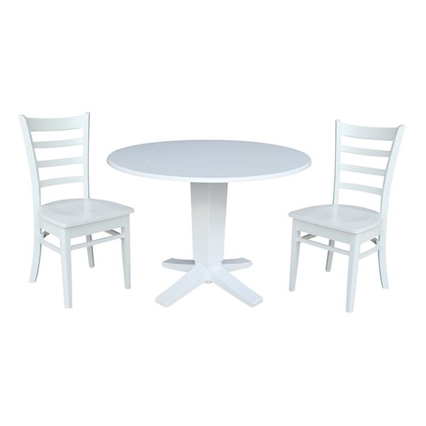 International Concepts 3-Pc 42-in Solid Wood Round Drop Leaf Pedestal Dining Table Set w/ 2 Dining Chairs - White