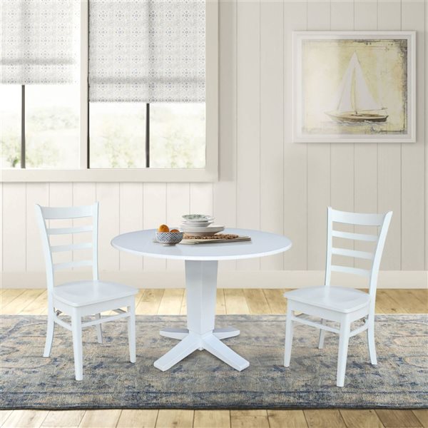 International Concepts 3-Pc 42-in Solid Wood Round Drop Leaf Pedestal Dining Table Set w/ 2 Dining Chairs - White