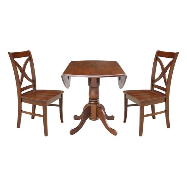 International Concepts 3-Pc 42-in Dual Drop Leaf Wood Dining Table Set w/ 2 Cross Back Dining Chairs - Espresso