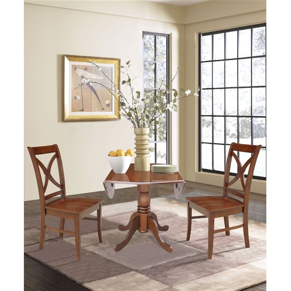 International Concepts 3-Pc 42-in Dual Drop Leaf Wood Dining Table Set w/ 2 Cross Back Dining Chairs - Espresso