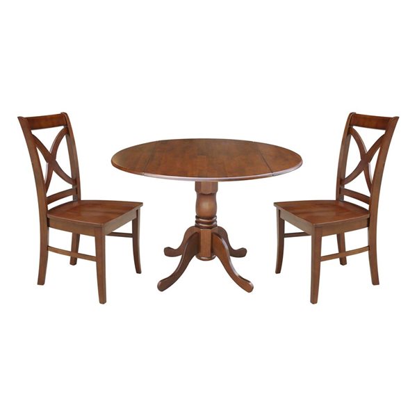 International Concepts 3-Pc 42-in Dual Drop Leaf Wood Dining Table Set w/ 2 Cross Back Dining Chairs - Espresso