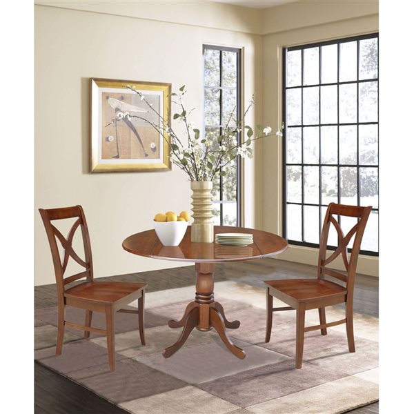 International Concepts 3-Pc 42-in Dual Drop Leaf Wood Dining Table Set w/ 2 Cross Back Dining Chairs - Espresso