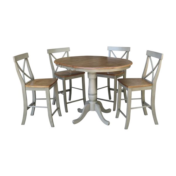 International Concepts 36-in Round Extension Wood Dining Table w/ 4 X-Back Counter Height Stools - Hickory/Stone
