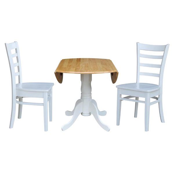 International Concepts 3-Pc 42-in Dual Drop Leaf Wood Dining Table Set w/ 2 Ladder Back Dining Chairs - White/Natural