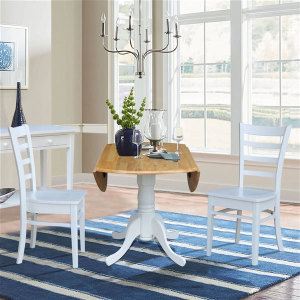 International Concepts 3-Pc 42-in Dual Drop Leaf Wood Dining Table Set w/ 2 Ladder Back Dining Chairs - White/Natural