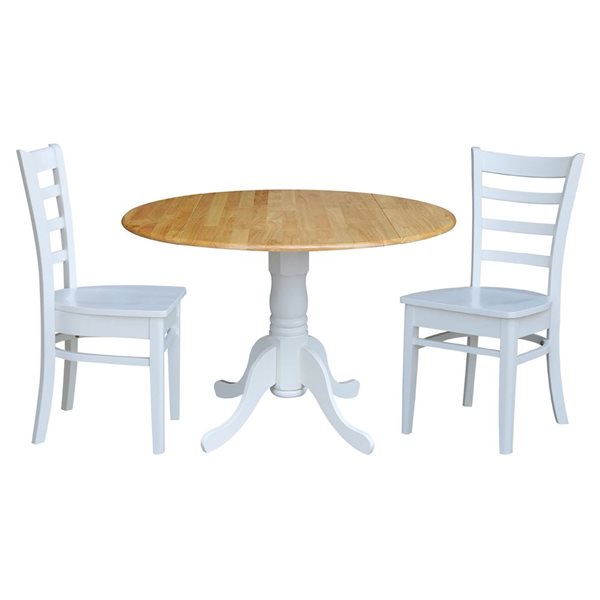International Concepts 3-Pc 42-in Dual Drop Leaf Wood Dining Table Set w/ 2 Ladder Back Dining Chairs - White/Natural