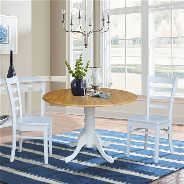 International Concepts 3-Pc 42-in Dual Drop Leaf Wood Dining Table Set w/ 2 Ladder Back Dining Chairs - White/Natural