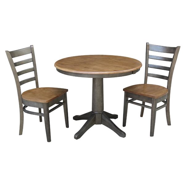 International Concepts 3-Pc 36-in Round Extension Wood Dining Table Set w/ 2 Chairs - Hickory/Washed Coal