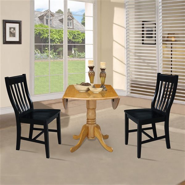 International Concepts 3-Pc 42-in Dual Drop Leaf Wood Dining Table Set w/ 2 Slat Back Dining Chairs - Oak/Black