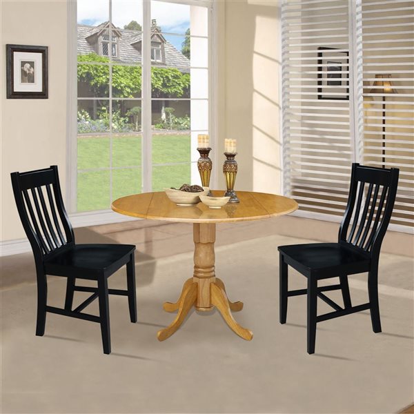 International Concepts 3-Pc 42-in Dual Drop Leaf Wood Dining Table Set w/ 2 Slat Back Dining Chairs - Oak/Black
