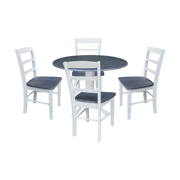 International Concepts 42-in Dual Drop Leaf Wood Dining Table w/ 4 Madrid Ladder Back Chairs - White/Heather Grey