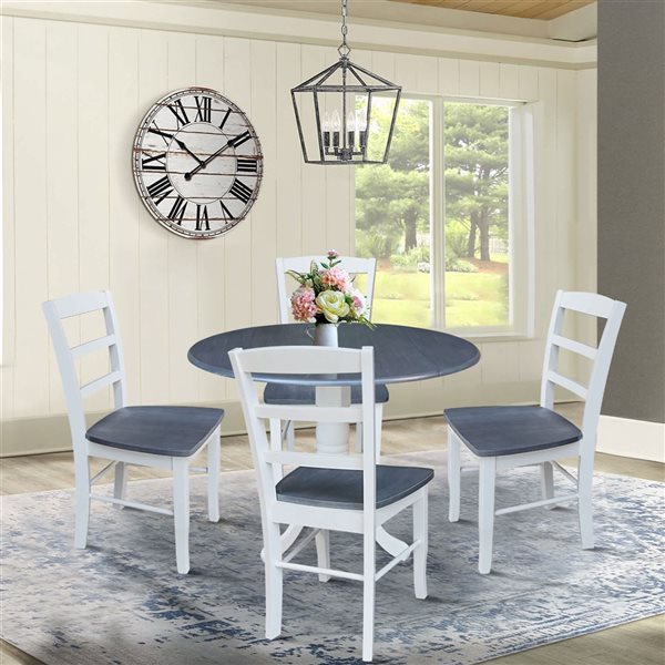 International Concepts 42-in Dual Drop Leaf Wood Dining Table w/ 4 Madrid Ladder Back Chairs - White/Heather Grey
