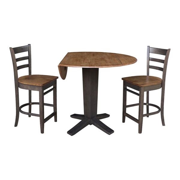 International Concepts 42-in Solid Wood Dual Drop Leaf Dining Table w/ 2 Counter Height Stools - Hickory/Washed Coal