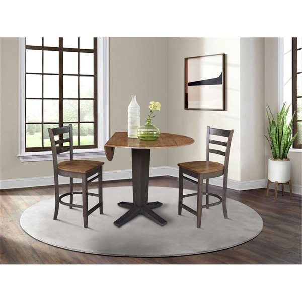 International Concepts 42-in Solid Wood Dual Drop Leaf Dining Table w/ 2 Counter Height Stools - Hickory/Washed Coal
