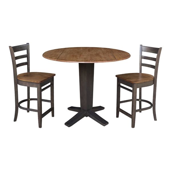 International Concepts 42-in Solid Wood Dual Drop Leaf Dining Table w/ 2 Counter Height Stools - Hickory/Washed Coal