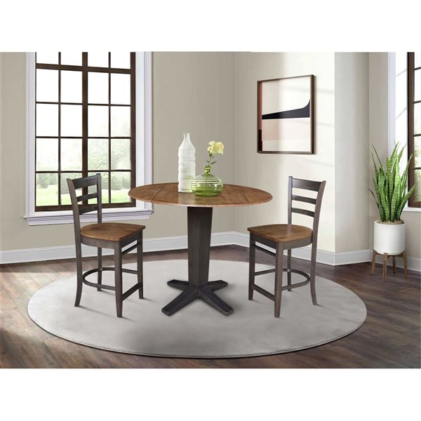 International Concepts 42-in Solid Wood Dual Drop Leaf Dining Table w/ 2 Counter Height Stools - Hickory/Washed Coal