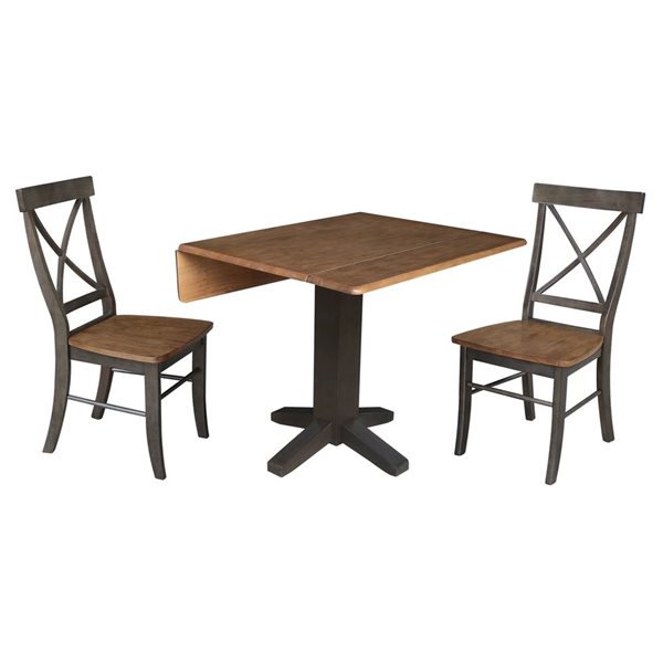International Concepts 3-Pc 36-in Solid Wood Square Dual Drop Leaf Dining Table Set w/ 2 Chairs - Hickory/Washed Coal