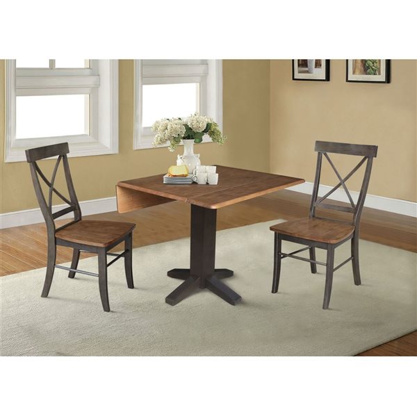 International Concepts 3-Pc 36-in Solid Wood Square Dual Drop Leaf Dining Table Set w/ 2 Chairs - Hickory/Washed Coal