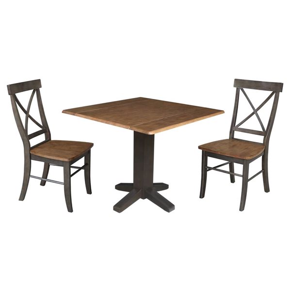 International Concepts 3-Pc 36-in Solid Wood Square Dual Drop Leaf Dining Table Set w/ 2 Chairs - Hickory/Washed Coal