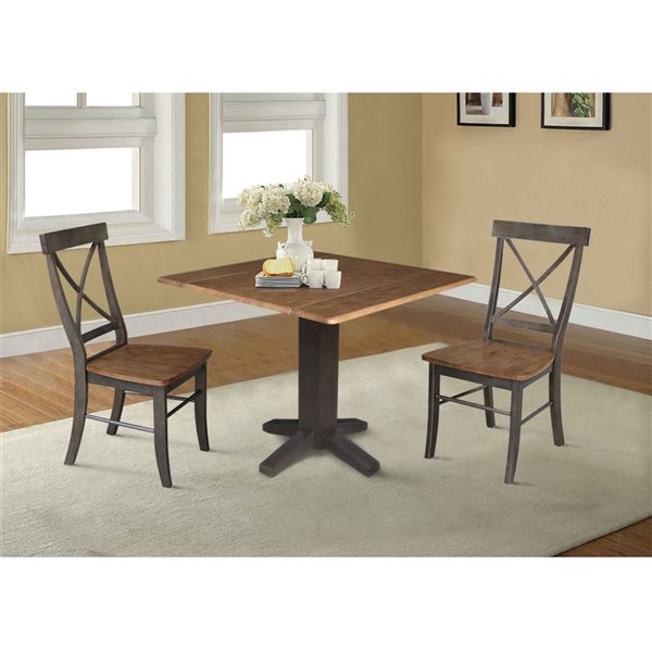 International Concepts 3-Pc 36-in Solid Wood Square Dual Drop Leaf Dining Table Set w/ 2 Chairs - Hickory/Washed Coal