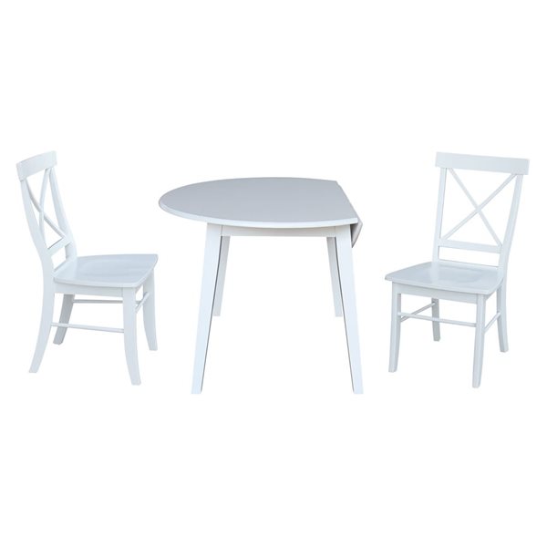 International Concepts 3-Pc 42-in Solid Wood Round Dual Drop Leaf Dining Table Set w/ 2 Chairs - White