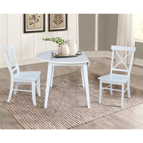 International Concepts 3-Pc 42-in Solid Wood Round Dual Drop Leaf Dining Table Set w/ 2 Chairs - White