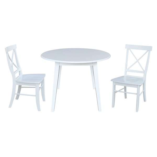 International Concepts 3-Pc 42-in Solid Wood Round Dual Drop Leaf Dining Table Set w/ 2 Chairs - White