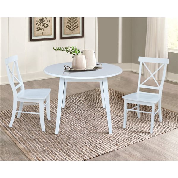 International Concepts 3-Pc 42-in Solid Wood Round Dual Drop Leaf Dining Table Set w/ 2 Chairs - White