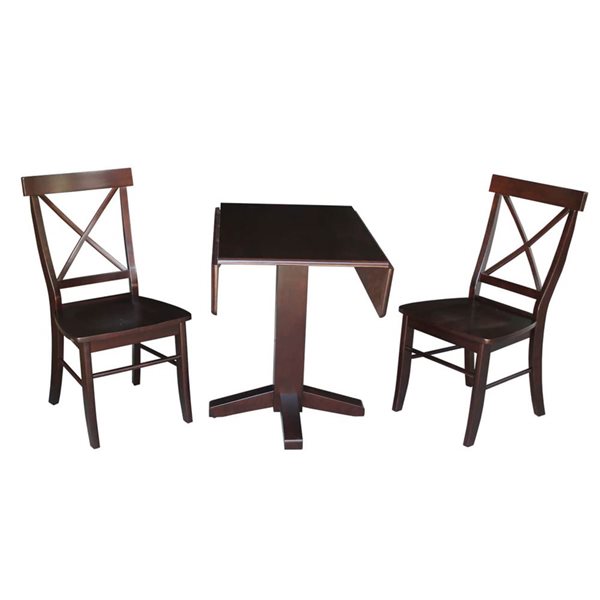 International Concepts 3-Pc 36-in Square Dual Drop Leaf Wood Dining Table Set w/ 2 X-Back Chairs - Rich Mocha