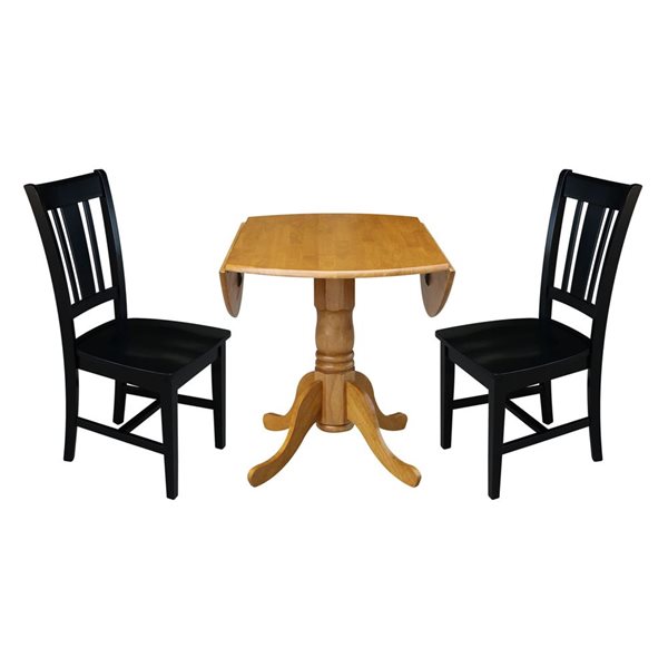 International Concepts 3-Pc 42-in Dual Drop Leaf Wood Dining Table Set w/ 2 Splat Back Dining Chairs - Oak/Black