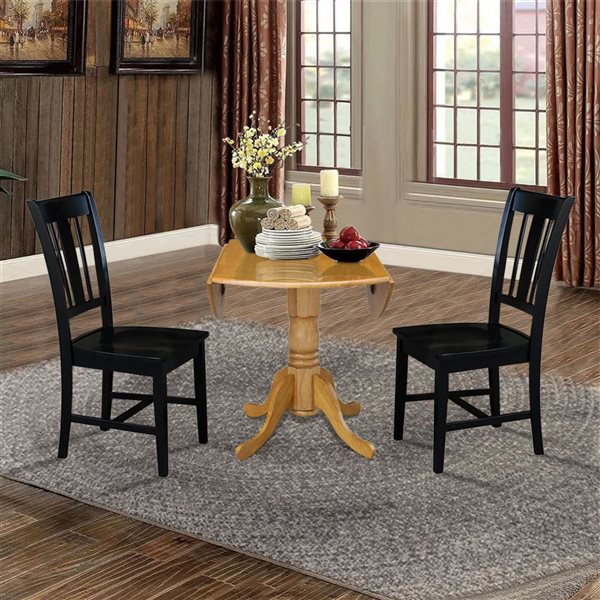 International Concepts 3-Pc 42-in Dual Drop Leaf Wood Dining Table Set w/ 2 Splat Back Dining Chairs - Oak/Black