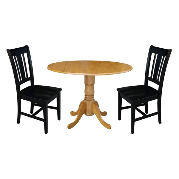 International Concepts 3-Pc 42-in Dual Drop Leaf Wood Dining Table Set w/ 2 Splat Back Dining Chairs - Oak/Black
