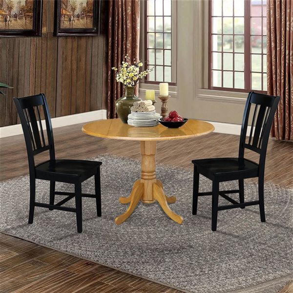 International Concepts 3-Pc 42-in Dual Drop Leaf Wood Dining Table Set w/ 2 Splat Back Dining Chairs - Oak/Black