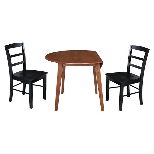 International Concepts 3-Pc 42-in Solid Wood Round Dual Drop Leaf Dining Table Set w/ 2 Chairs - Distressed Oak/Black