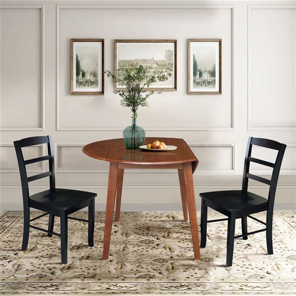 International Concepts 3-Pc 42-in Solid Wood Round Dual Drop Leaf Dining Table Set w/ 2 Chairs - Distressed Oak/Black