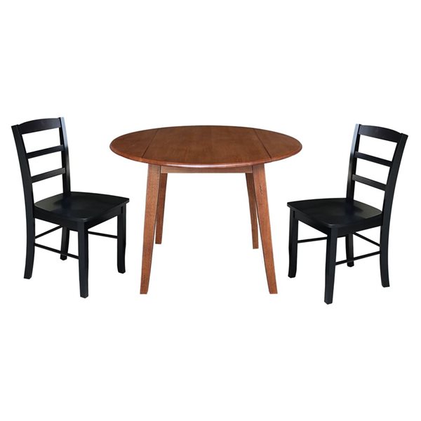 International Concepts 3-Pc 42-in Solid Wood Round Dual Drop Leaf Dining Table Set w/ 2 Chairs - Distressed Oak/Black