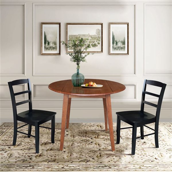 International Concepts 3-Pc 42-in Solid Wood Round Dual Drop Leaf Dining Table Set w/ 2 Chairs - Distressed Oak/Black