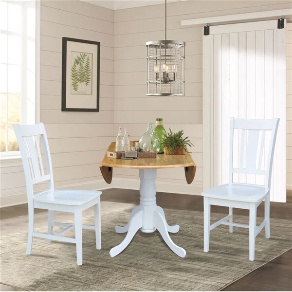 International Concepts 3-Pc 42-in Dual Drop Leaf Wood Dining Table Set w/ 2 Splat Back Dining Chairs - White/Natural