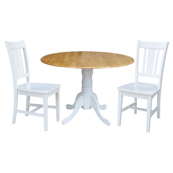 International Concepts 3-Pc 42-in Dual Drop Leaf Wood Dining Table Set w/ 2 Splat Back Dining Chairs - White/Natural