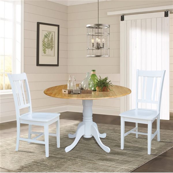 International Concepts 3-Pc 42-in Dual Drop Leaf Wood Dining Table Set w/ 2 Splat Back Dining Chairs - White/Natural
