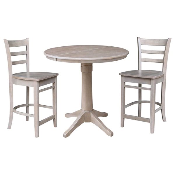 International Concepts 36-in Round Extension Wood Dining Table w/ 2 Emily Counter Height Stools - Washed Grey Taupe
