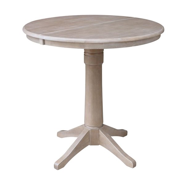 International Concepts 36-in Round Extension Wood Dining Table w/ 2 Emily Counter Height Stools - Washed Grey Taupe