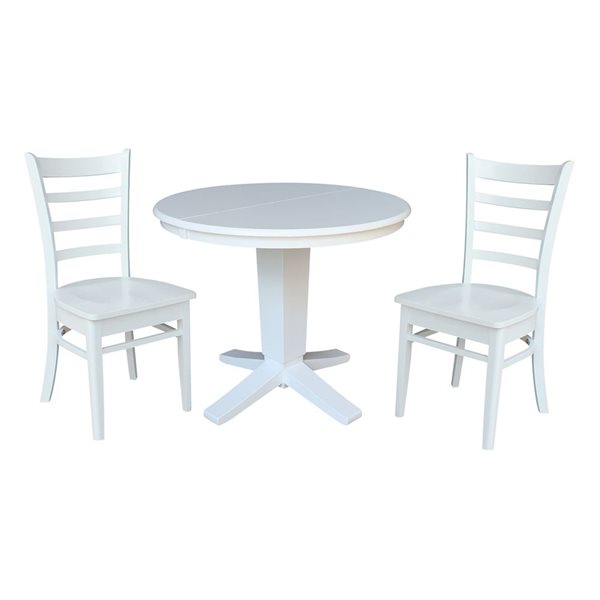 International Concepts 3-Pc 36-in Solid Wood Round Extension Dining Table Set with 2 Dining Chairs - White