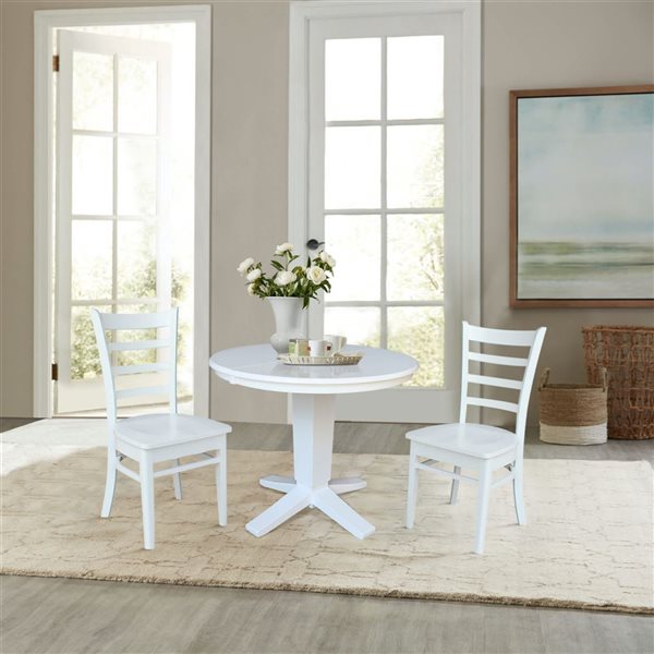 International Concepts 3-Pc 36-in Solid Wood Round Extension Dining Table Set with 2 Dining Chairs - White