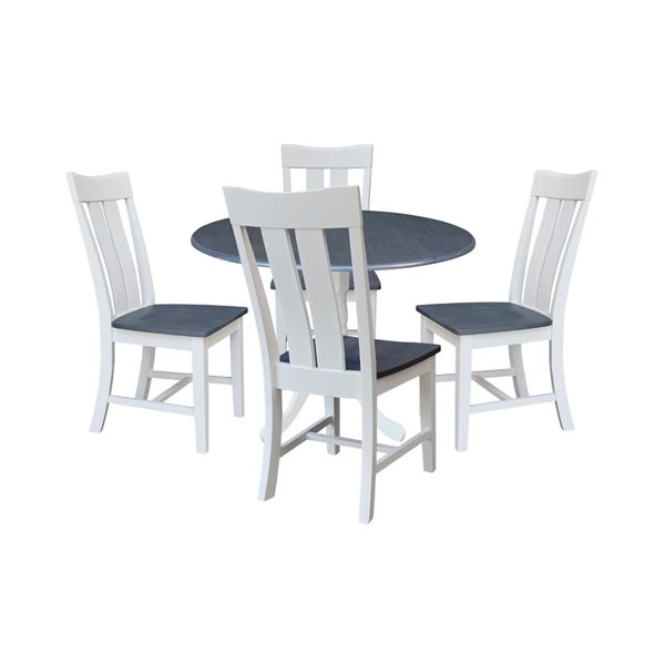International Concepts 5-Pc 42-in Dual Drop Leaf Wood Dining Table Set w/ 4 Slat Back Chairs - White/Heather Grey