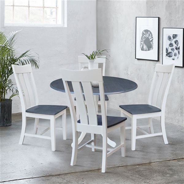 International Concepts 5-Pc 42-in Dual Drop Leaf Wood Dining Table Set w/ 4 Slat Back Chairs - White/Heather Grey