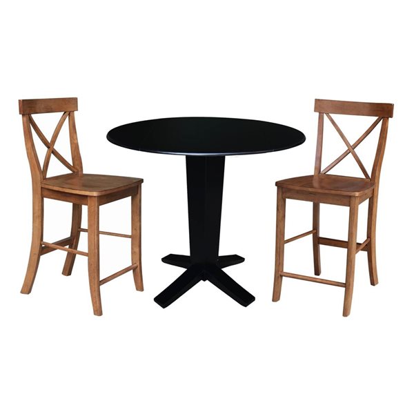 International Concepts 42-in Solid Wood Dual Drop Leaf Dining Table w/ 2 Counter Height Stools - Black/Distressed Oak