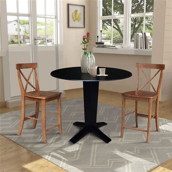 International Concepts 42-in Solid Wood Dual Drop Leaf Dining Table w/ 2 Counter Height Stools - Black/Distressed Oak